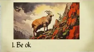 An illustration of a goat standing calmly on a rocky mountain peak.