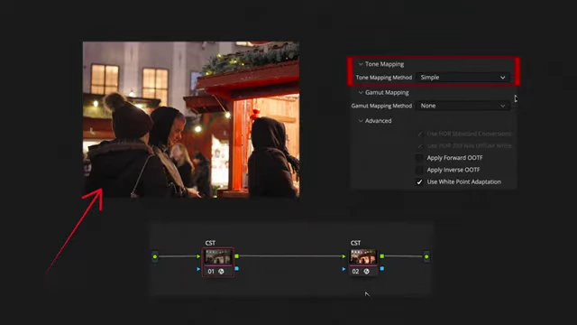 DaVinci Resolve's Color Space Transform settings, with "Simple" tone mapping chosen for a softer shadow look