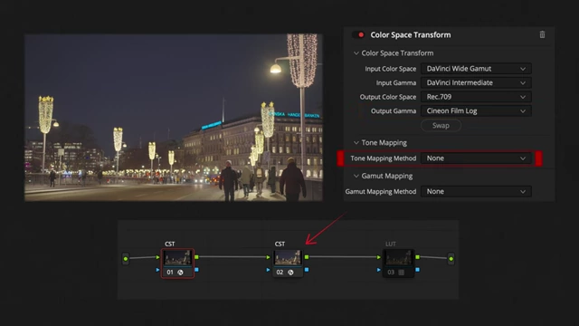 Setting DaVinci Resolve's Color Space Transform output to Cineon Film Log with no tone mapping before applying a film LUT