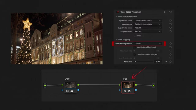 DaVinci Resolve's Color Space Transform settings, with "DaVinci" tone mapping chosen for crisp highlights and shadows
