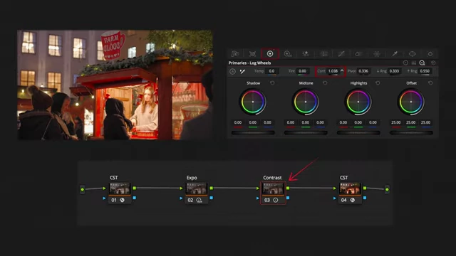 Applying a slight contrast increase using Primaries Log Wheels with a pivot at 0.336