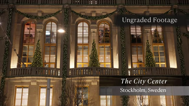 Ungraded footage of the Stockholm City Center building with holiday decorations