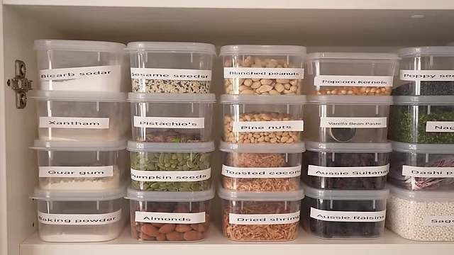 Upper shelves of the pantry showcasing specialty baking ingredients like xanthan, guar gum, and unique Asian items such as Dashi powder, Nori seasoning, alongside various seeds and nuts.