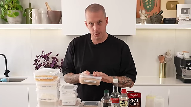 A clear container of couscous, recommended for quick and easy meal preparation, especially for salads.
