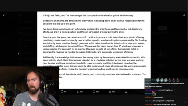 VShojo首席执行官发布的承认公司管理不善和资金挪用的声明。