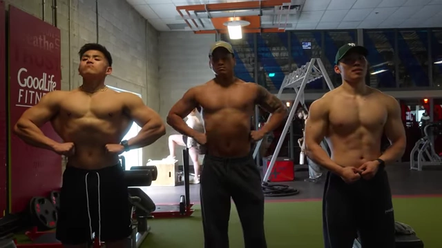 Three bodybuilders posing in a gym, highlighting the camaraderie and shared motivation
