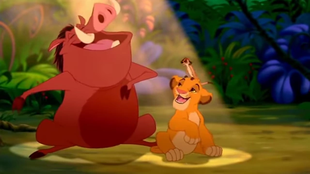 辛巴、丁满和彭彭欢快地唱着“Hakuna Matata”