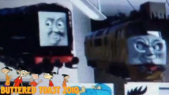 A close-up of Diesel and Diesel 10, trains inappropriately placed in a school classroom.