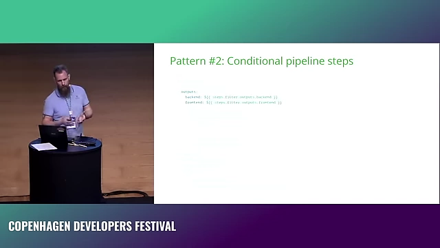 GitHub Actions YAML demonstrating conditional pipeline steps using output from a `paths-filter` job to run backend linting only if backend files have changed.