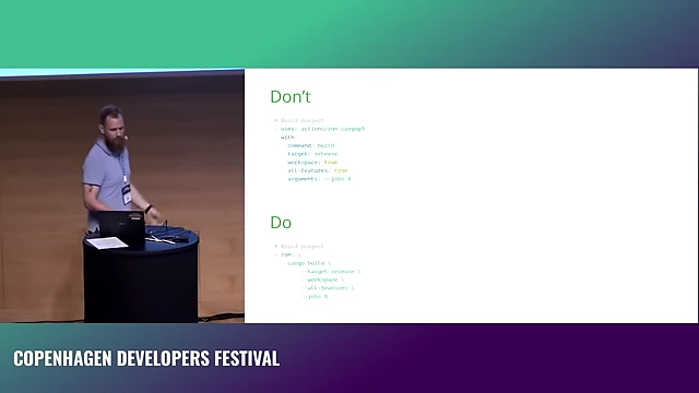 Comparison of 'Gift Wrapping' (Don't) using a wrapper action versus 'Composable Pipeline Library' (Do) directly invoking `cargo build` with full control over arguments.