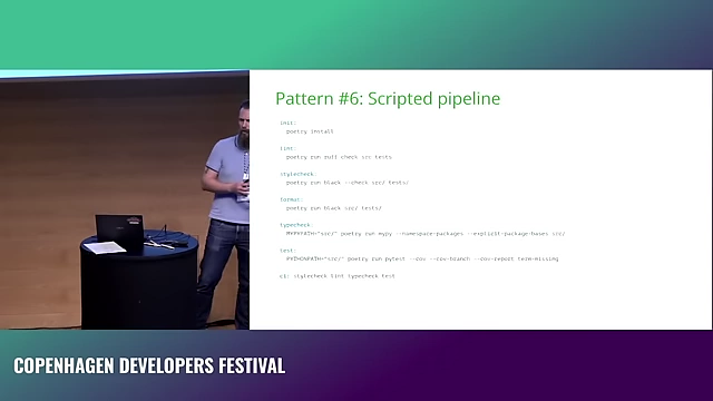 A Makefile illustrating a 'Scripted Pipeline' pattern, where complex build and test logic is externalized from the CI definition into platform-agnostic scripts, enabling local debugging.