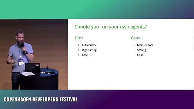 Pros and Cons of running your own build agents, detailing advantages like full control and right-sizing, versus disadvantages like maintenance, scaling, and potential cost.