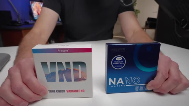 A side-by-side comparison of the Neewer Nano and 7 Artisans VND filters in their respective packaging.