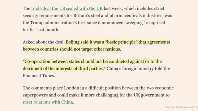 Snippet from Financial Times article detailing China's criticism of the UK-US trade deal, stating agreements should not target third nations