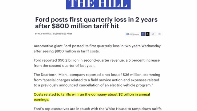 The Hill article reporting Ford's $800 million quarterly loss due to tariffs