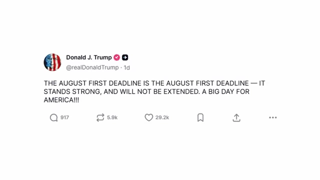 Donald Trump's tweet confirming the August 1st deadline
