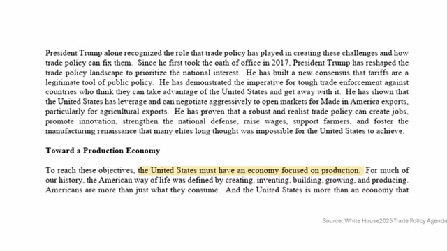White House 2025 Trade Policy Agenda emphasizing a "production economy"
