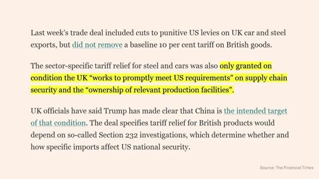 Financial Times article snippet highlighting UK-US trade deal conditions on supply chain security and ownership of production facilities