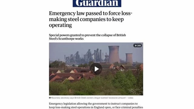 Guardian headline reporting emergency law to force British Steel to operate, related to its ownership
