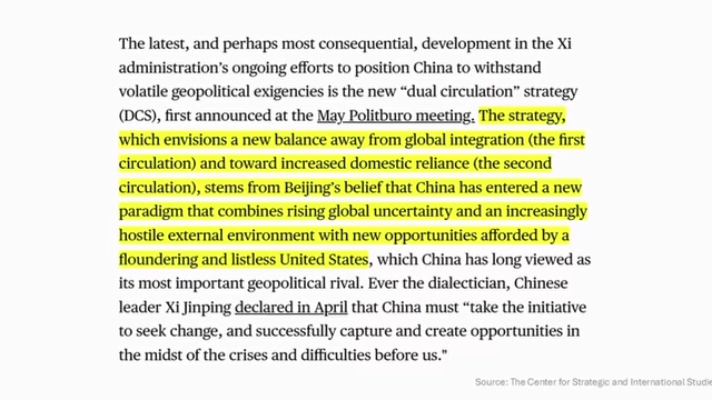 Article snippet describing China's "dual circulation" strategy for increased domestic reliance
