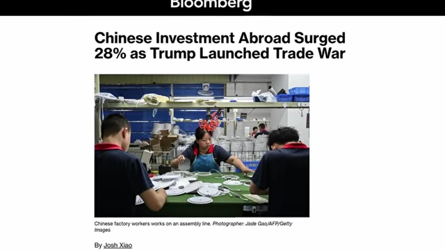 Bloomberg headline stating Chinese investment abroad surged 28% as Trump launched the trade war