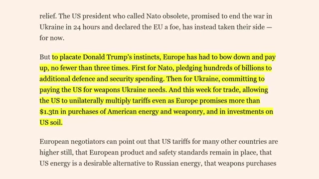 Financial Times editorial highlighting Europe's "capitulation" to placate Donald Trump's instincts