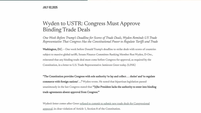 Snippet from Senator Ron Wyden's letter affirming Congress's sole authority over trade and duties
