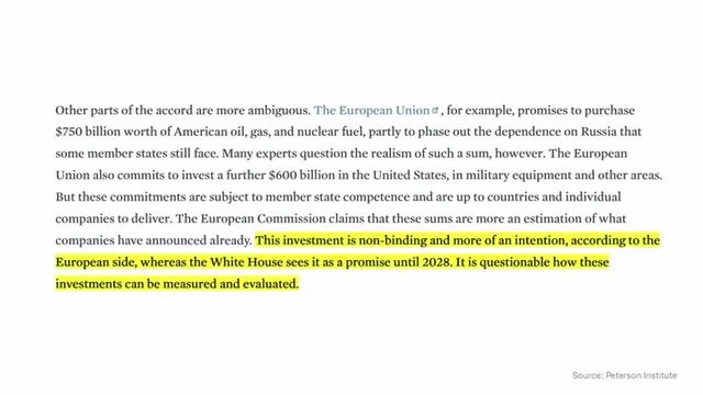 Peterson Institute analysis stating EU investment pledges are "non-binding and more of an intention"