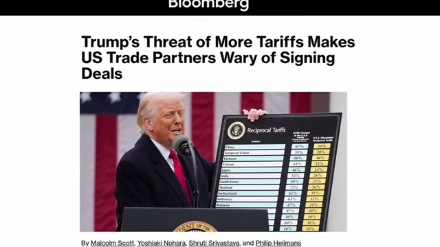 Bloomberg article with a chart illustrating reciprocal tariffs imposed by Trump on various countries