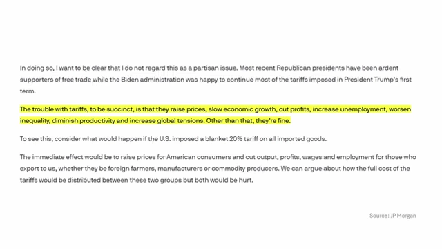 JPMorgan document outlining the economic drawbacks of tariffs, including raising prices and slowing economic growth