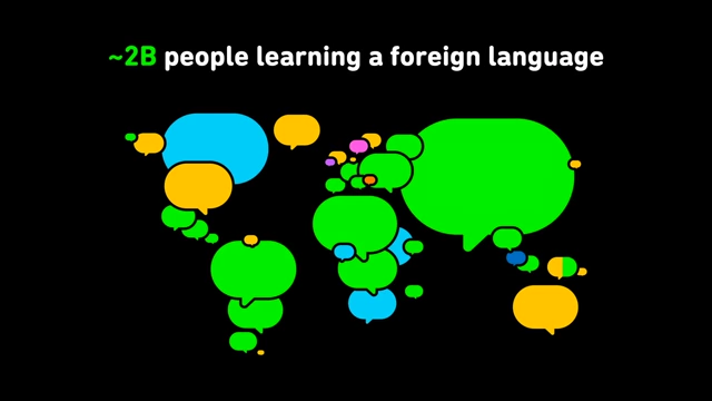Global map illustrating ~2 billion people learning foreign languages, with green regions indicating a prevalence of English learners.