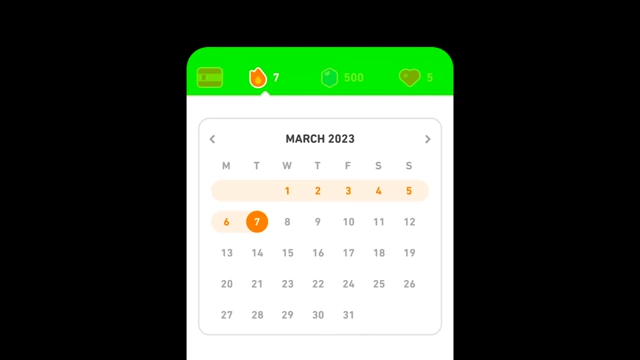 A screenshot of the Duolingo app showing a calendar for March 2023 with a "7" streak icon next to the date.