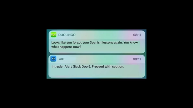 A meme showing two mobile notifications: the top one from Duolingo threatening a user for missing lessons, followed by an "Intruder Alert" notification.