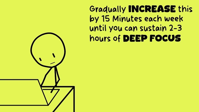 Gradually increase deep focus time by 15 minutes each week until you can sustain 2-3 hours.