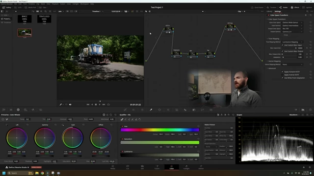 DaVinci Resolve Color Page with Node Tree and Waveform Monitor for initial setup