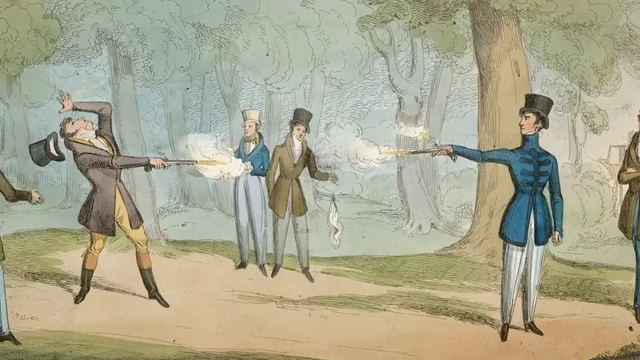 An old-fashioned illustration of two men engaged in a pistol duel in a field, with one firing his weapon.