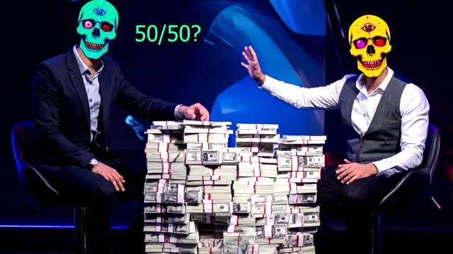Two figures with skull masks sit across a table with money. The figure on the right gestures towards the money with "50/50?" written, suggesting a question about an equal split.