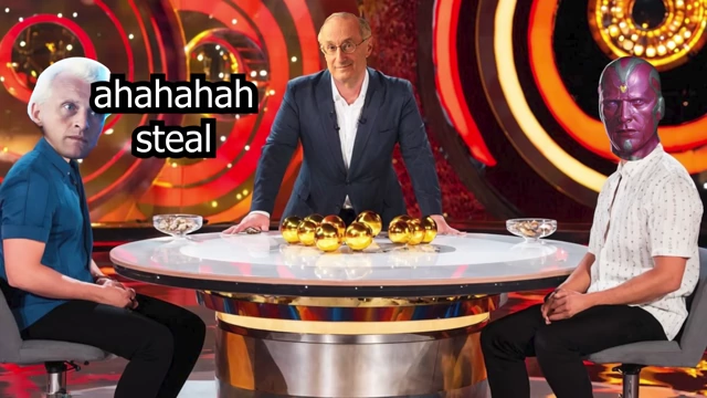 A game show scene with a host and two players with skull-like faces. One player's thought bubble says "ahahahah steal" while the other's says "bruh we were doing so well," illustrating the impact of a player choosing to steal.
