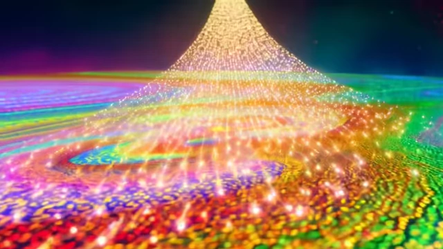 A colorful, glowing funnel of light-like particles pours into a vibrant, swirling landscape, visually representing a "cheat code" or abundant success.