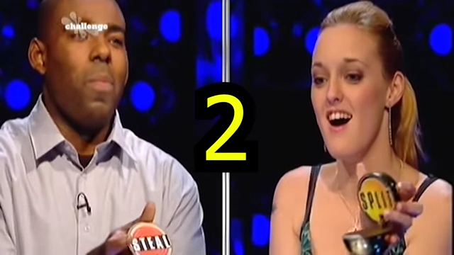 A split screen showing two contestants from 'Golden Balls'; one has chosen 'Steal', the other 'Split', resulting in the stealer taking all.