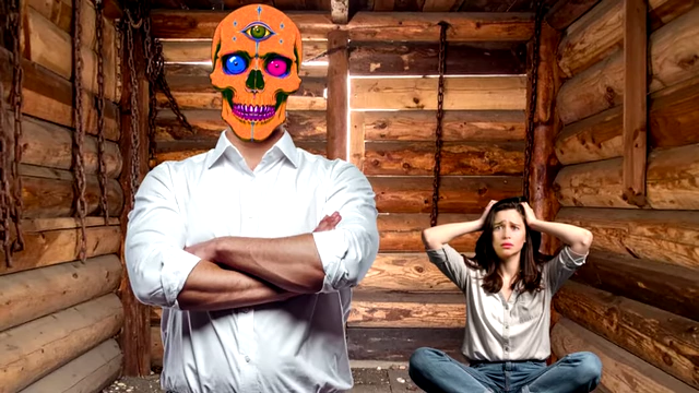 A kidnapper with a skull mask stands over a distraught female hostage in a wooden room, illustrating the scenario.