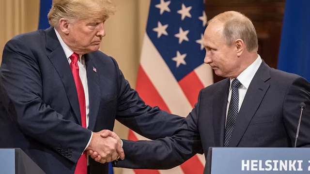 Donald Trump and Vladimir Putin shaking hands, illustrating the convention of shaking hands to build trust.