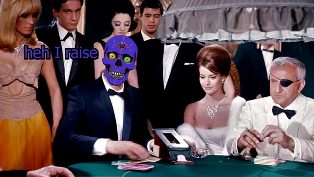 A man with a skull mask in a poker game, with the text 'heh I raise', illustrating the act of bluffing as a mixed strategy.