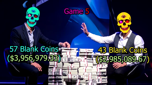Two players with skull masks negotiating a money split (57/43) in 'Game 5', demonstrating how repeated interactions can lead to mutual equilibrium.