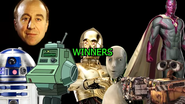 A collage of friendly-looking robots and characters, labeled 'WINNERS', representing the success of "nice" programs in Axelrod's tournament.