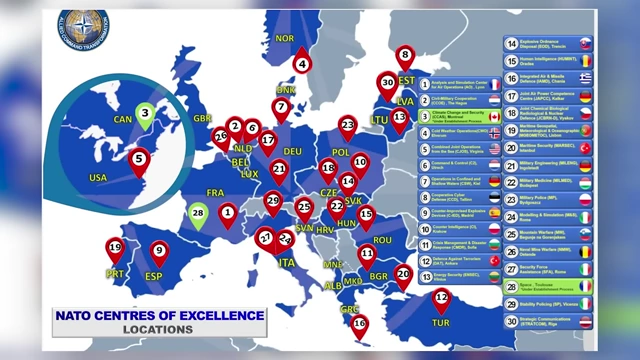 Map of NATO Centres of Excellence locations across Europe and North America.