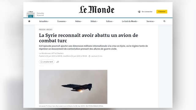 News headline confirming Syria's downing of a Turkish F-4 fighter jet in 2012.