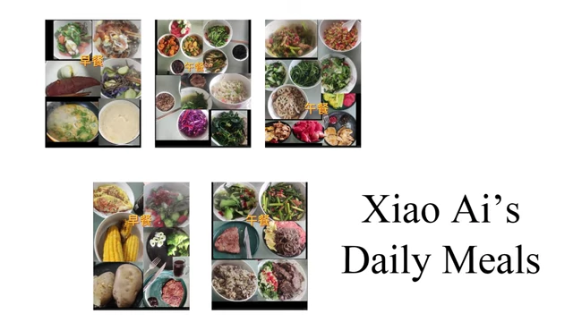 An infographic showcasing Xiao Ai's diverse daily meals, emphasizing his balanced fitness regimen