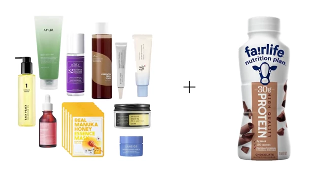 A collection of skincare products and protein powder, representing the types of investments Xiao Ai made for his glow-up