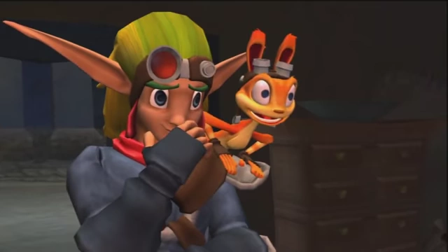 《Jak II》中，Jak和Daxter在一个黑暗场景中，暗示着更黑暗的故事基调